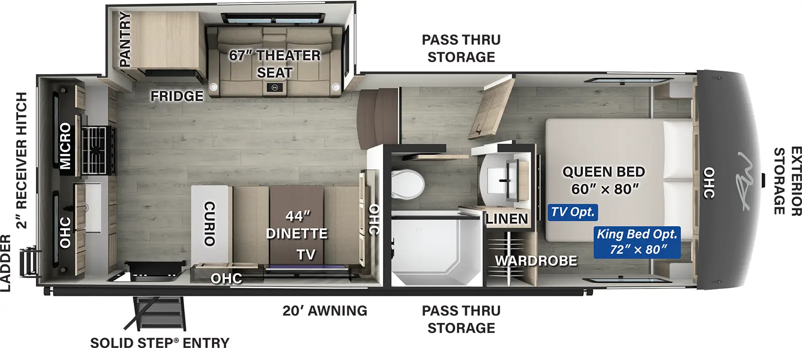 The Rockwood Signature Fifth Wheels R282RK has one entry and one slide out. Exterior features include: fiberglass exterior and 20' awning. Interiors features include: rear kitchen and front bedroom.